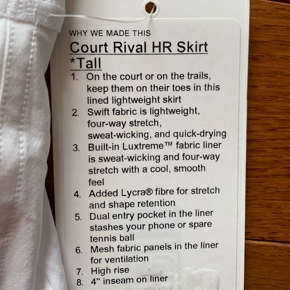 🎁Tall Lululemon Court Rival High Rise Skirt,White - Picture 9 of 12